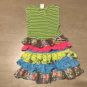 Persnickety Striped and Ruffled Kids Dress - Green, Pink, Blue
